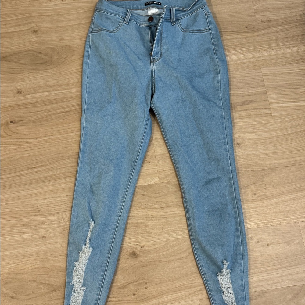 Fashion Nova Light Blue Distressed Skinny Jeans